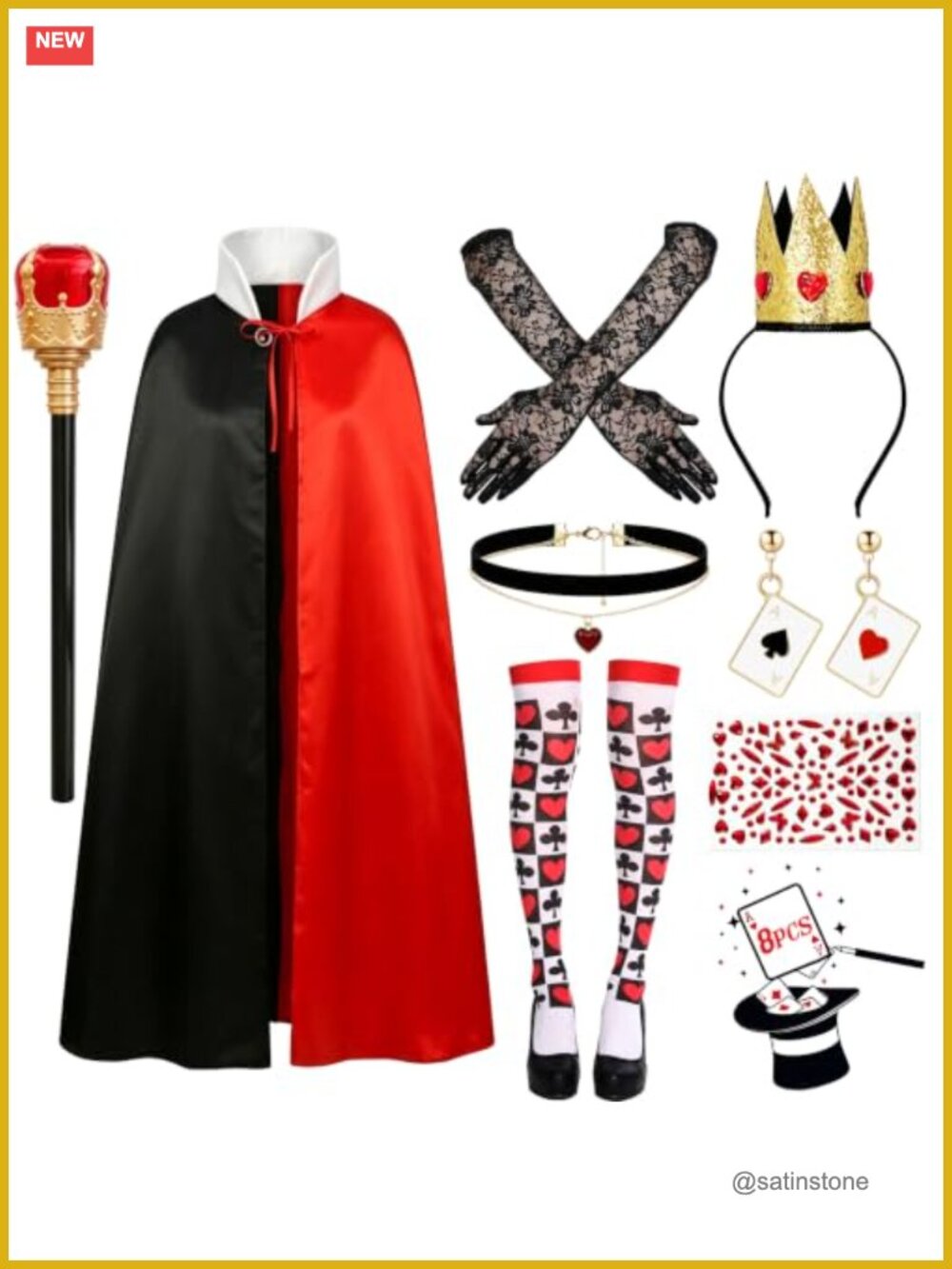 8PCS Red Queen Costume Set with Cape Crown Wand Gloves and Stockings
